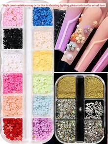 2 Boxes Floral Pattern Nail Art Decorations, Gold & Silver Steel Ball Rhinestone Nail Supplies Nail Charms Nail Gems