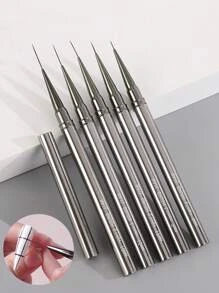 5pcs/Set Nail Liner Brush, DIY Drawing Painting Flower Line Stripes Pen 6/9/12/15/18mm Metal Handle Nail Art Brush With Cover Nail Brushes, Must Have