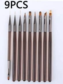 9-Piece Nail Brush Set, Brown Color Scheme, Includes: Nail Brush, Template Brush, Dual-Ended Brush, Texture Brush, UV Gel Nail Polish Brush And Gradient Brush. Suitable For Nail Salons And Home Use. Easy To Store, Ideal Choice For Beginners, Multiple DIY Scenarios.