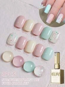 XEIJAYI 4 Colors 15ml New Mint Green & Pink Nail Polish Gel, Semi-Permanent Manicure, Suitable For UV/LED Nail Salon DIY, Ideal For Spring/Summer Nails
